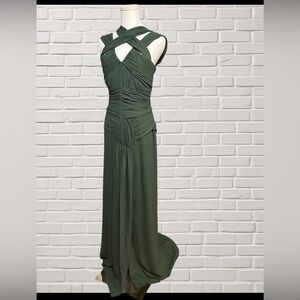 Burberry Green Silk Ruched Evening Gown Cutout Neckline Grecian Made in Italy